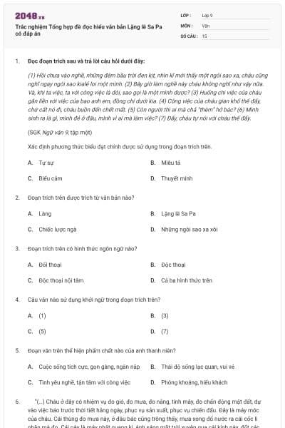 Trắc nghiệm Tổng hợp đề đọc hiểu văn bản Lặng lẽ Sa Pa có đáp án