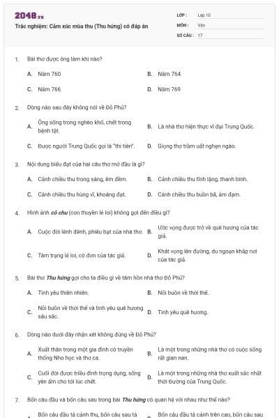 Trắc nghiệm: Cảm xúc mùa thu (Thu hứng) có đáp án