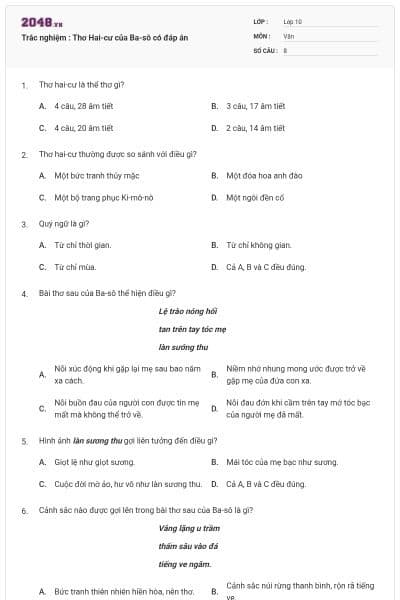 Trắc nghiệm : Thơ Hai-cư của Ba-sô có đáp án