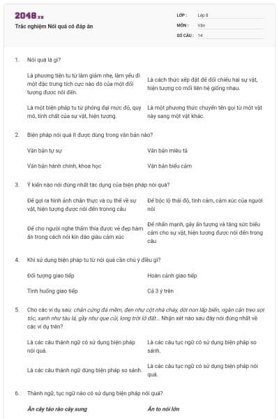 Trắc nghiệm Nói quá có đáp án
