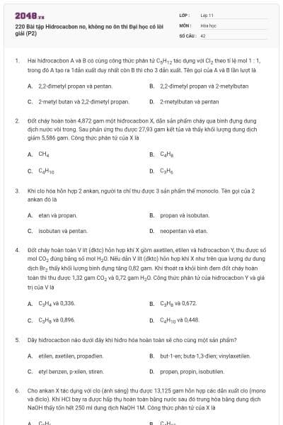 220 Bài tập Hidrocacbon no, không no ôn thi Đại học có lời giải (P2)