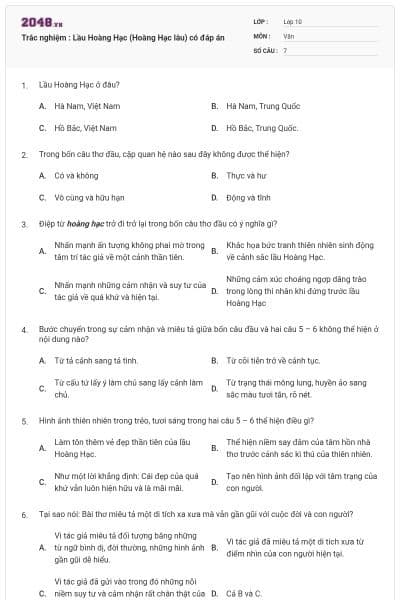 Trắc nghiệm : Lầu Hoàng Hạc (Hoàng Hạc lâu) có đáp án