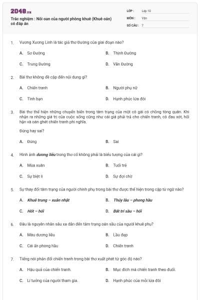 Trắc nghiệm : Nỗi oan của người phòng khuê (Khuê oán) có đáp án