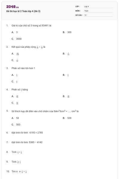 Đề thi học kì 2 Toán lớp 4 (Đề 3)