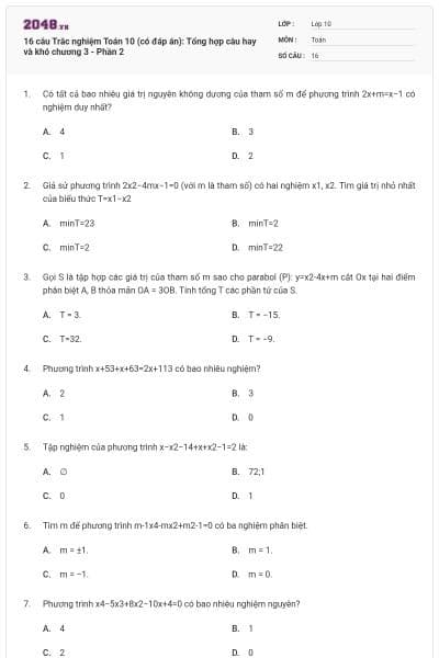 16 câu Trắc nghiệm Toán 10 (có đáp án): Tổng hợp câu hay và khó chương 3 - Phần 2