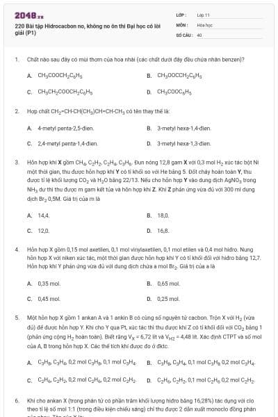 220 Bài tập Hidrocacbon no, không no ôn thi Đại học có lời giải (P1)