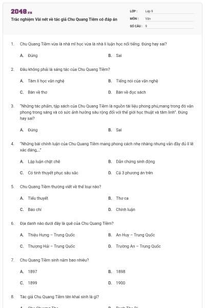 Trắc nghiệm Vài nét về tác giả Chu Quang Tiêm có đáp án