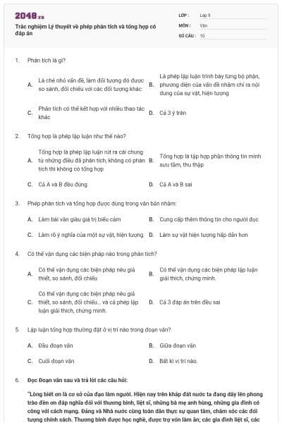 Trắc nghiệm Lý thuyết về phép phân tích và tổng hợp có đáp án