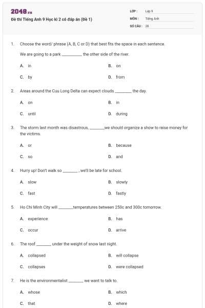 Đề thi Tiếng Anh 9 Học kì 2 có đáp án (Đề 1)