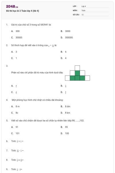Đề thi học kì 2 Toán lớp 4 (Đề 4)