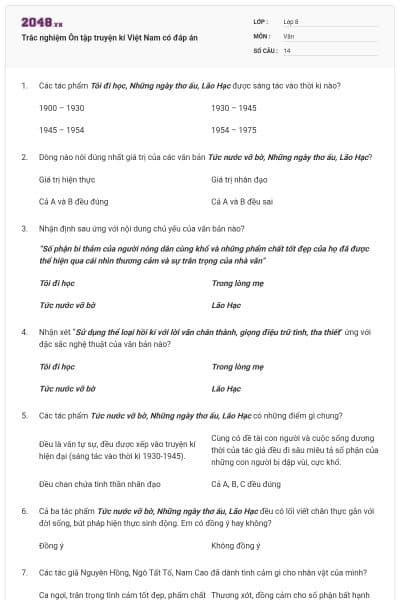 Trắc nghiệm Ôn tập truyện kí Việt Nam có đáp án