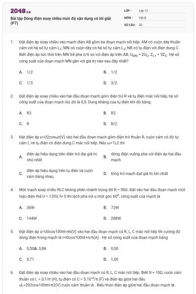 Bài tập Dòng điện xoay chiều mức độ vận dụng có lời giải (P7)