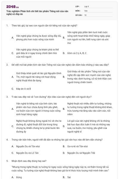 Trắc nghiệm Phân tích chi tiết tác phẩm Tiếng nói của văn nghệ có đáp án