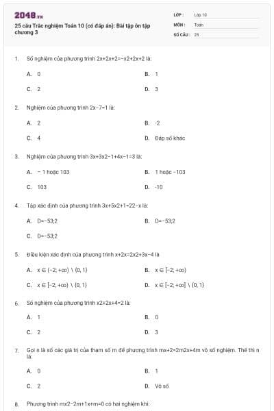 25 câu Trắc nghiệm Toán 10 (có đáp án): Bài tập ôn tập chương 3
