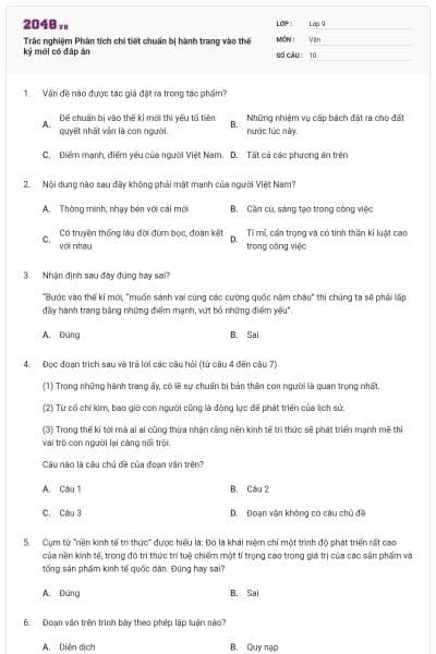 Trắc nghiệm Phân tích chi tiết chuẩn bị hành trang vào thế kỷ mới có đáp án