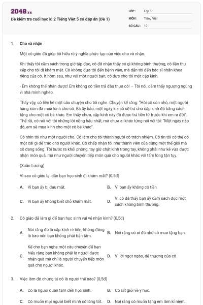 Đề kiểm tra cuối học kì 2 Tiếng Việt 5 có đáp án (Đề 1)
