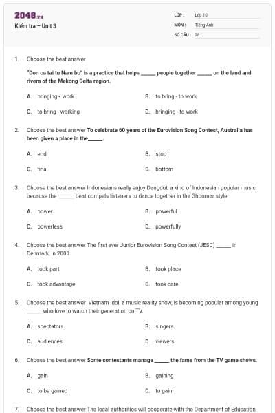Kiểm tra – Unit 3