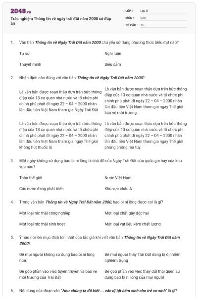 Trắc nghiệm Thông tin về ngày trái đất năm 2000 có đáp án