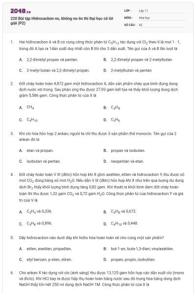 220 Bài tập Hidrocacbon no, không no ôn thi Đại học có lời giải (P2)