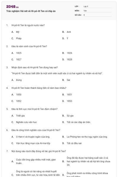 Trắc nghiệm Vài nét về Hi-pô-lít Ten có đáp án