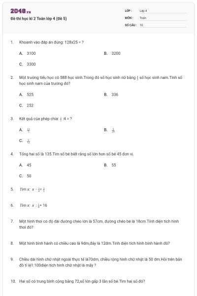 Đề thi học kì 2 Toán lớp 4 (Đề 5)