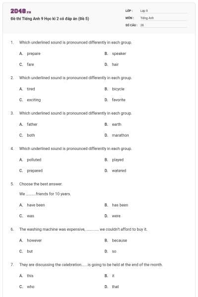 Đề thi Tiếng Anh 9 Học kì 2 có đáp án (Đề 5)
