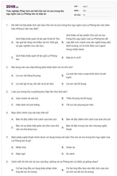 Trắc nghiệm Phân tích chi tiết Chó sói và cừu trong thơ ngụ ngôn của La Phông-ten có đáp án