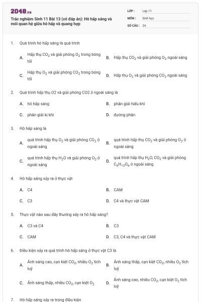 Trắc nghiệm Sinh 11 Bài 13 (có đáp án): Hô hấp sáng và mối quan hệ giữa hô hấp và quang hợp