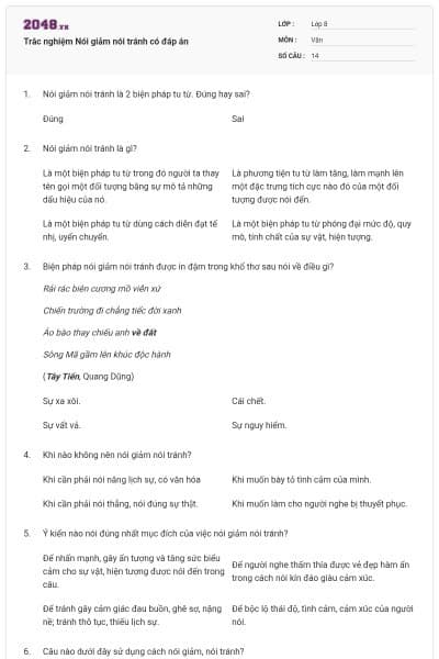 Trắc nghiệm Nói giảm nói tránh có đáp án