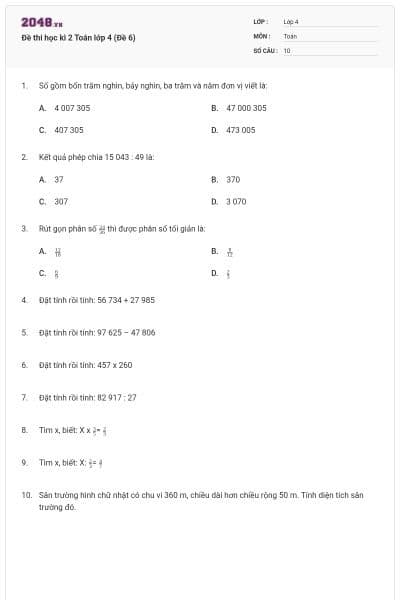 Đề thi học kì 2 Toán lớp 4 (Đề 6)