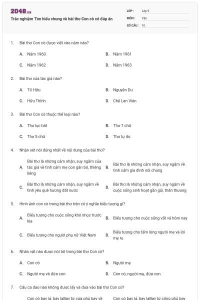 Trắc nghiệm Tìm hiểu chung về bài thơ Con cò có đáp án