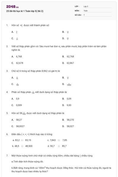 25 Đề thi học kì 1 Toán lớp 5( Đề 2)