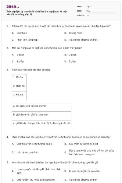 Trắc nghiệm Lý thuyết về cách làm bài nghị luận về một vấn đề tư tưởng, đạo lý