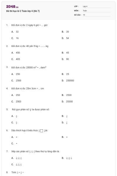 Đề thi học kì 2 Toán lớp 4 (Đề 7)