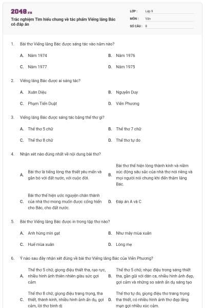 Trắc nghiệm Tìm hiểu chung về tác phẩm Viếng lăng Bác có đáp án