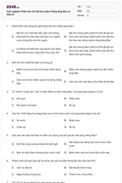 Trắc nghiệm Phân tích chi tiết tác phẩm Viếng lăng Bác có đáp án