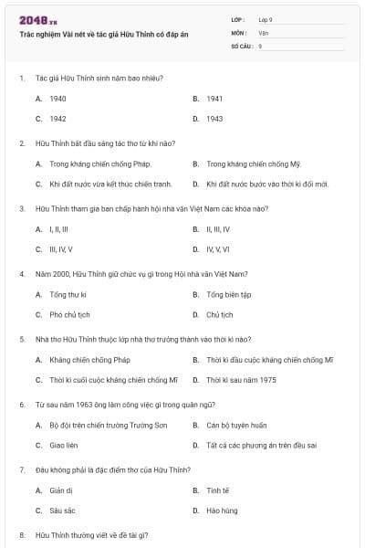 Trắc nghiệm Vài nét về tác giả Hữu Thỉnh có đáp án