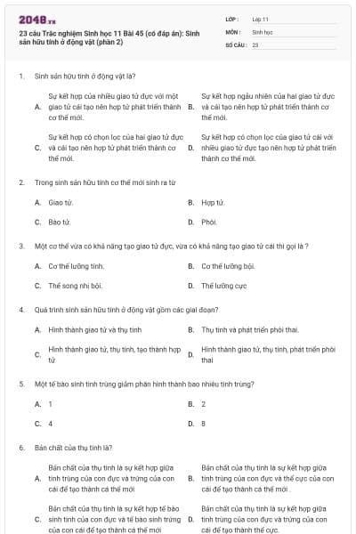 23 câu  Trắc nghiệm Sinh học 11 Bài 45 (có đáp án): Sinh sản hữu tính ở động vật (phần 2)