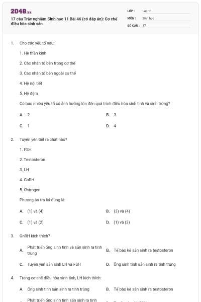 17 câu  Trắc nghiệm SInh học 11 Bài 46 (có đáp án): Cơ chế điều hòa sinh sản