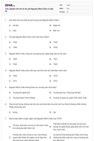 Trắc nghiệm Vài nét về tác giả Nguyễn Minh Châu có đáp án