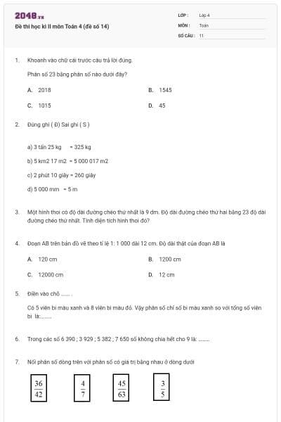 Đề thi học kì II môn Toán 4 (đề số 14)