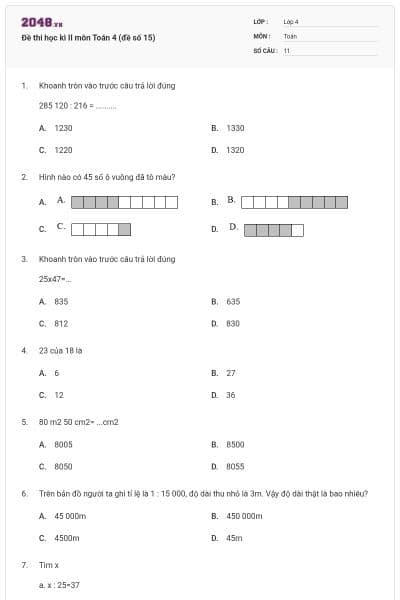 Đề thi học kì II môn Toán 4 (đề số 15)