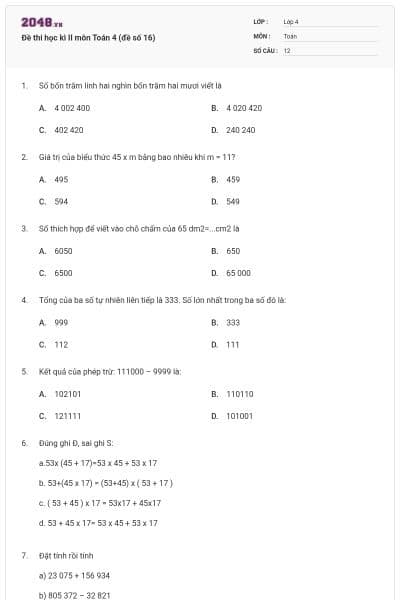 Đề thi học kì II môn Toán 4 (đề số 16)