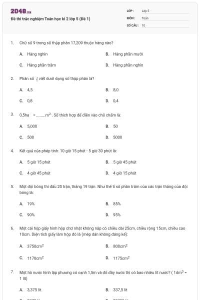 Đề thi trắc nghiệm Toán học kì 2 lớp 5 (Đề 1)