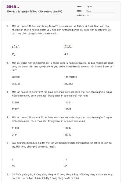 100 câu trắc nghiệm Tổ hợp - Xác suất cơ bản (P4)