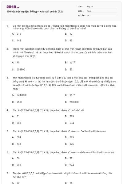 100 câu trắc nghiệm Tổ hợp - Xác suất cơ bản (P2)