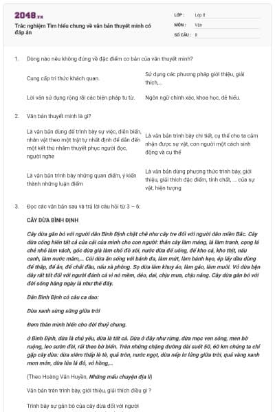 Trắc nghiệm Tìm hiểu chung về văn bản thuyết minh có đáp án