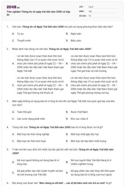 Trắc nghiệm Thông tin về ngày trái đất năm 2000 có đáp án