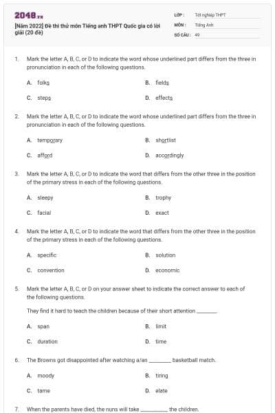 [Năm 2022] Đề thi thử môn Tiếng anh THPT Quốc gia có lời giải (20 đề)