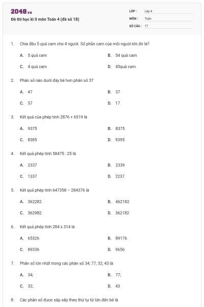 Đề thi học kì II môn Toán 4 (đề số 18)
